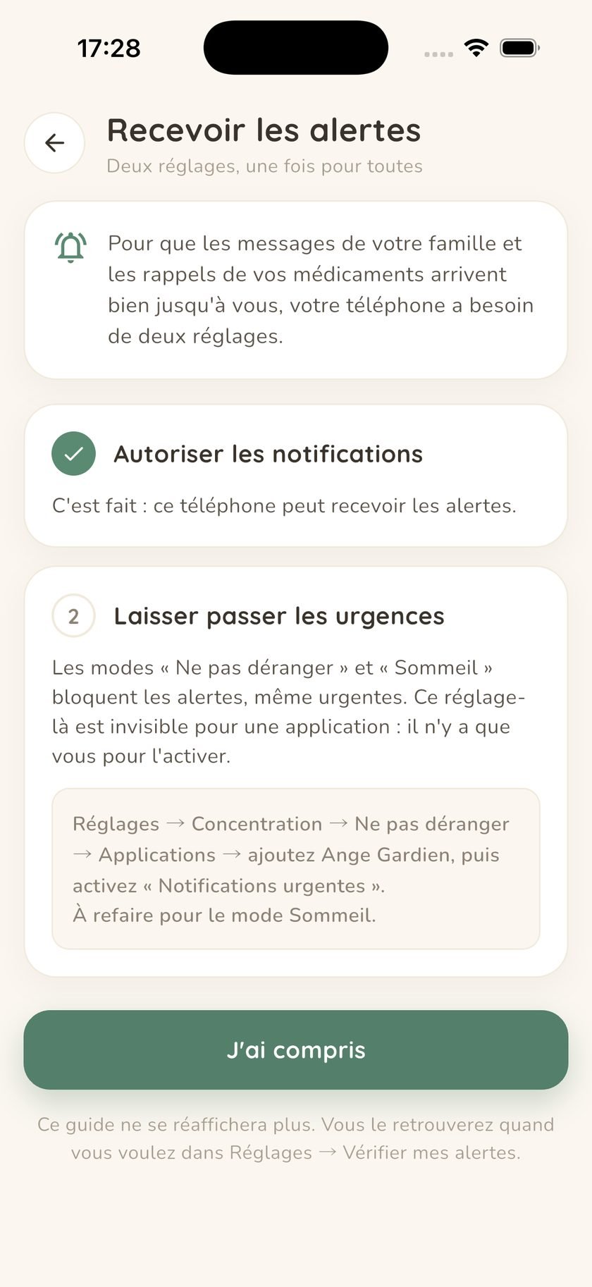 Le guide de mise en route des alertes, affiché une fois après l'inscription.